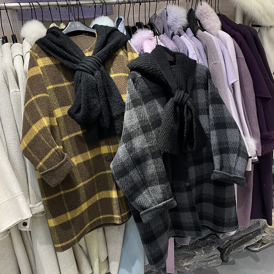 经典款格纹针织围巾连帽双面羊绒