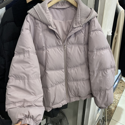 欧货蓝色针织连帽羽绒服冬季新款2025假两件短款小个子白鸭绒外套