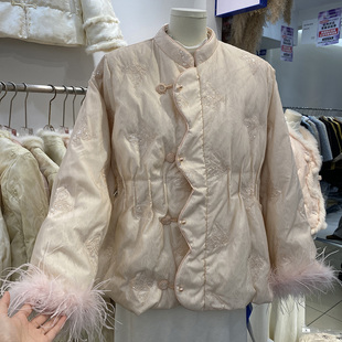 新中式羽绒服女冬季2025新款高端刺绣提花国风褶皱水貂毛羽绒外套