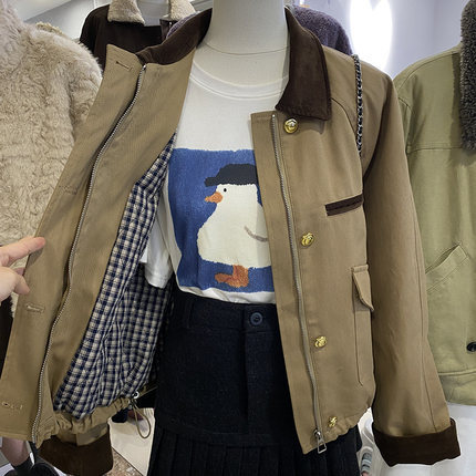 赵露思同款 迪木尔风法式甜美减龄少女撞色翻领夹棉工装外套女短