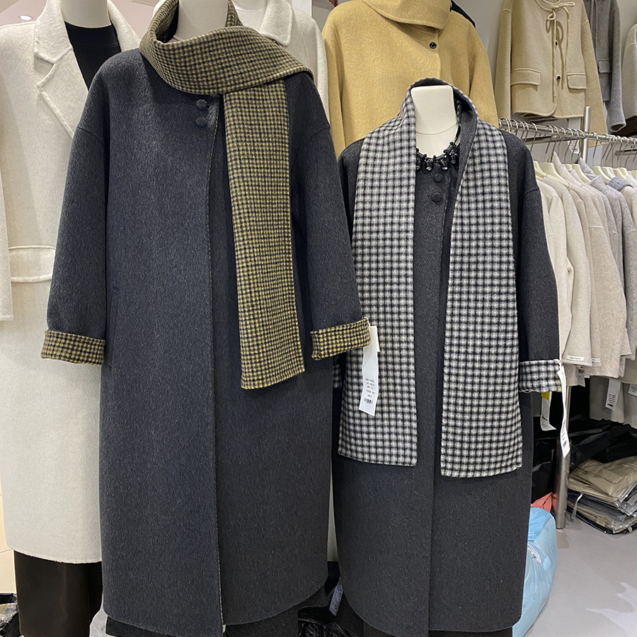 欧货韩系复古内里拼格纹双面羊毛大衣女冬新款氛围感毛呢外套