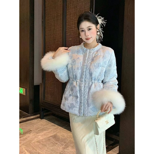 反季捡漏！新中式国风拼接狐狸毛可拆卸羽绒服外套冬仙气婚礼