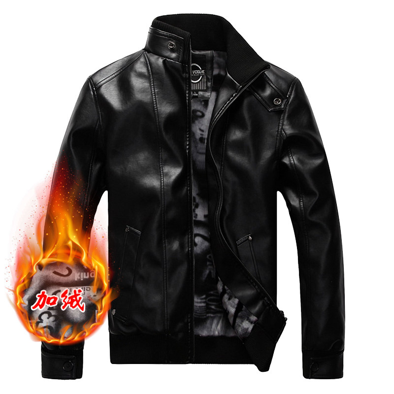 秋冬季大码加绒加厚皮衣男青年韩版修身皮夹克短款机车帅气外套男