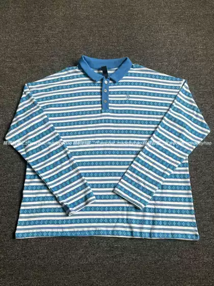 【Ceiling 925 Silver Buckle】25Ss Blue Striped All-Over Embroidered Lambskin Polo Long Sleeve Unisex Style