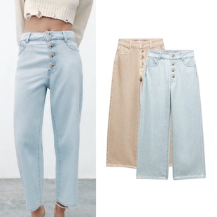 ZA女装新款 高腰百搭休闲纽扣饰阔腿直筒显瘦牛仔裤 1416021 711
