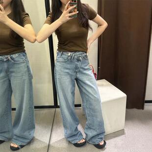 2024秋季新品 ZA女装复古基础款百搭直通高腰宽腿牛仔长裤8197232