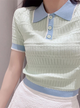 YT&UR2022春夏新款优雅气质拼色紧身针织T恤短袖上衣WU13R9BN2000