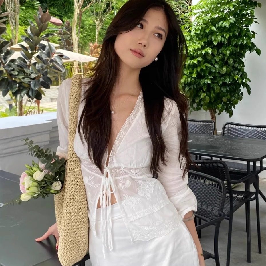 2024秋季新款 ZA女装气质蕾丝拼接蝴蝶结系带长袖衬衫上衣0881046