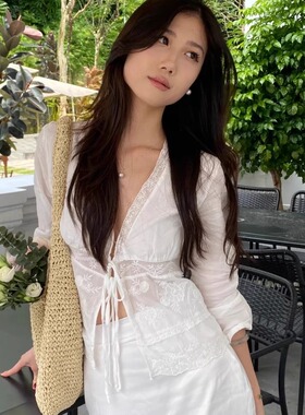 2024秋季新款 ZA女装气质蕾丝拼接蝴蝶结系带长袖衬衫上衣0881046