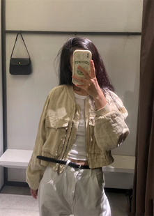 口袋饰亚麻混纺飞行员夹克外套2674244 ZA女装 711 新品 2023秋季