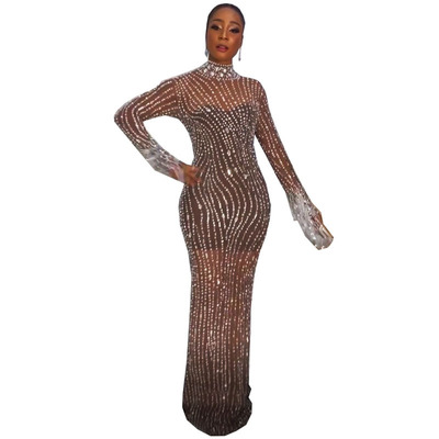 Women Diamonds Hot Rhinestones Maxi Dress Sexy Party Dresses