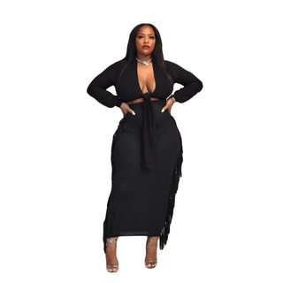 Sexy Two Piece Set V-neck Long Sleeve Crop Top Long Skirt