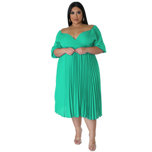 欧美肥婆大码女装纯色性感收腰连衣裙 plus size dress fat women