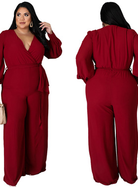 Plus size Women jumpsuits Long sleeve overall vneck big size