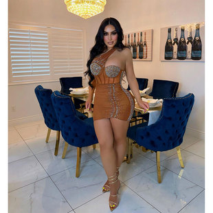 Shoulder Sequins Drawstring Dress Bodycon Ruched One