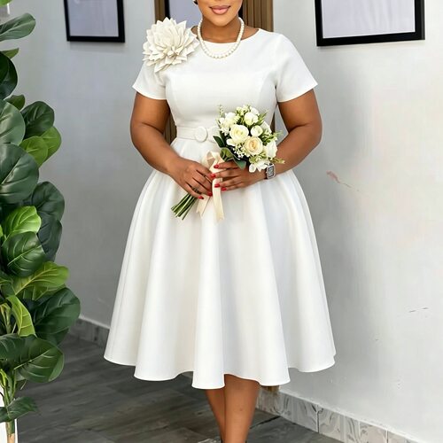 非洲高腰圆领大码短袖纯色非洲连衣裙子 African female dress OL