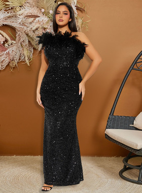 plus size party dress 新款黑亮片羽毛拼接珠片性感礼服裙长裙女