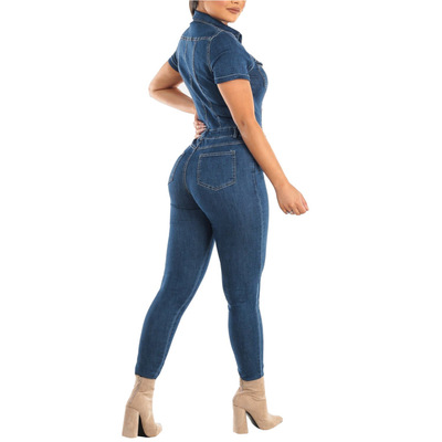 Women Denim Jeans Jumpsuit Sashes Bodycon Rompers 牛仔连体裤