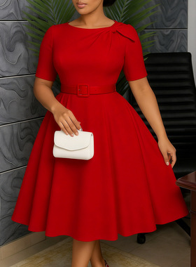 跨境新礼服裙圆领短袖非洲连衣裙 African female dress women OL
