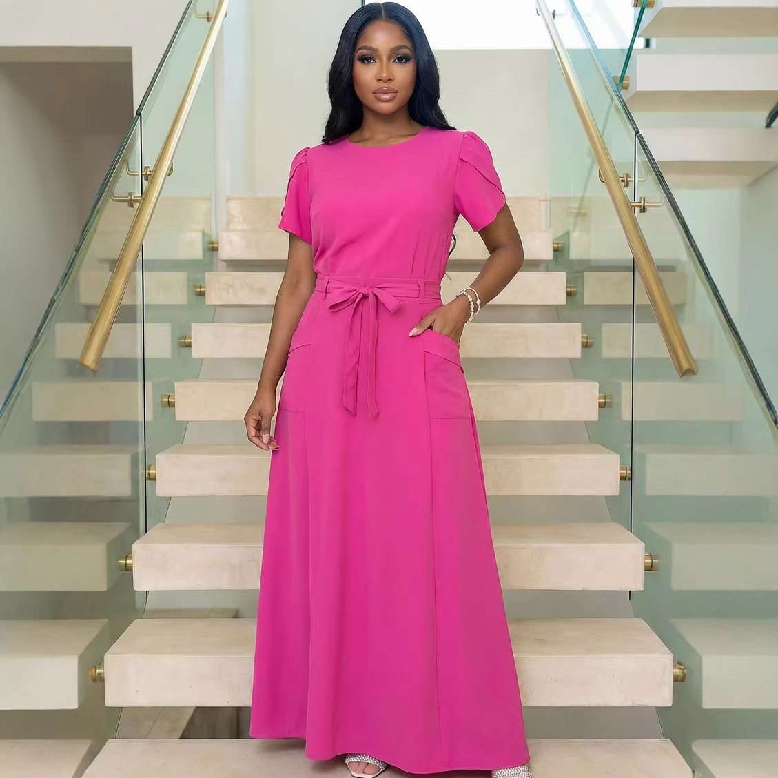 new fashion women dress long maxi dresses pocket solid color
