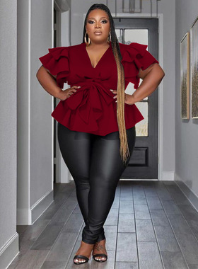 Plus size Party top Women big sizeV neck Wedding Evening red