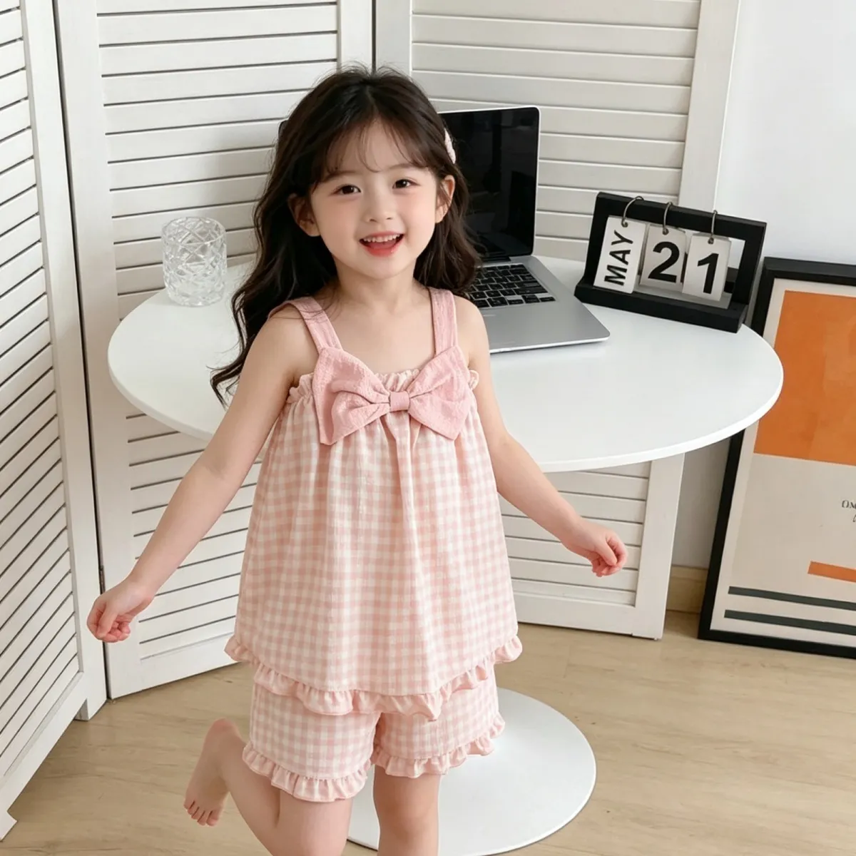 夏季儿童吊带蝴蝶结女童套装薄款中大童甜美可爱卡通可外穿家居服