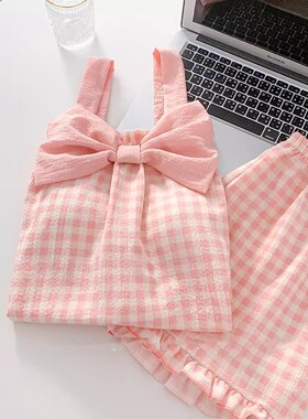 夏季儿童睡衣女套装薄款中大童甜美可爱卡通可外穿吊带格子家居服