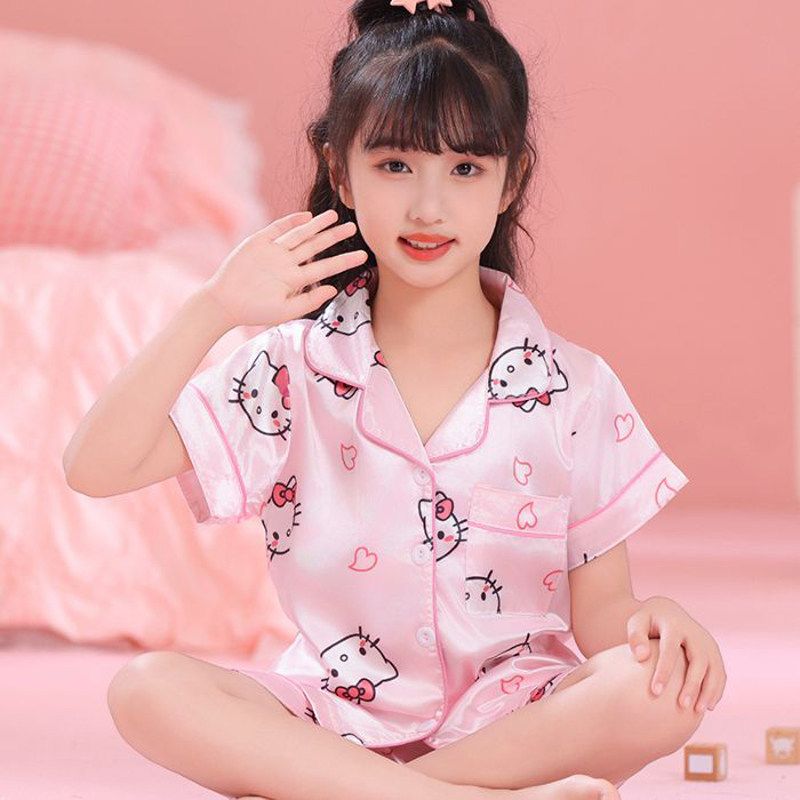 女童仿真丝睡衣夏季短袖翻领卡通