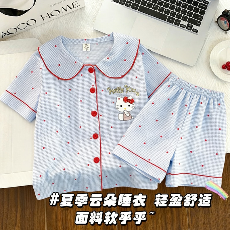 新款可爱KT猫睡衣女童夏季云朵棉