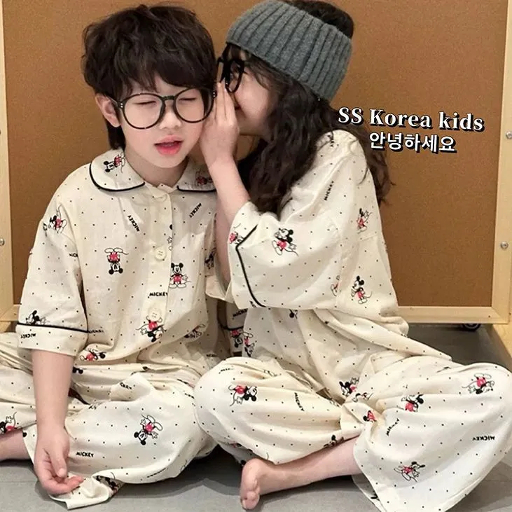 夏季儿童云朵棉短袖长裤睡衣男童薄款中大童女学生卡通男童家居服