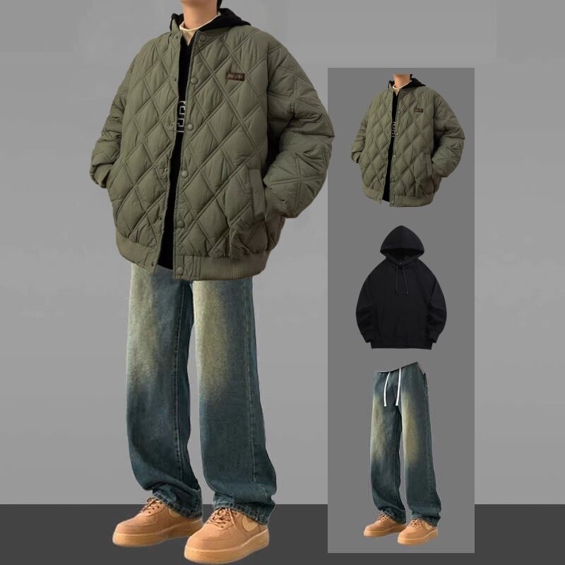 菱形格棉衣外套男秋冬宽松休闲棒球服潮流牛仔裤套装三件套保暖帅,男装,时尚套装,淘宝优惠券,粉丝福利购,淘宝优惠卷