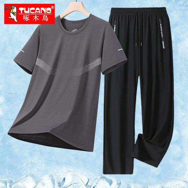 啄木鸟2026夏季男士圆领短袖T恤冰丝长裤中年纯色休闲套装两件套
