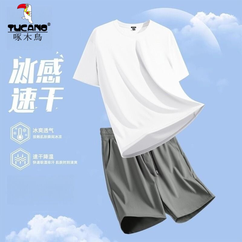 啄木鸟夏季薄款透气新款冰丝短袖短裤男宽松弹力休闲运动速干套装