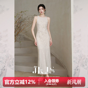 JKJS【流云玉】人丝亚麻 新中式连衣裙露肩绣花白色长裙里布天丝