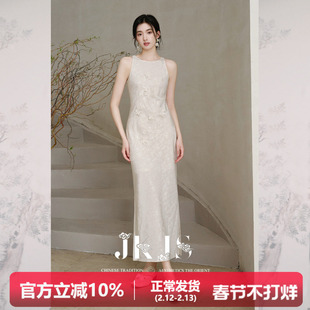 JKJS【流云玉】人丝亚麻 新中式连衣裙露肩绣花白色长裙里布天丝