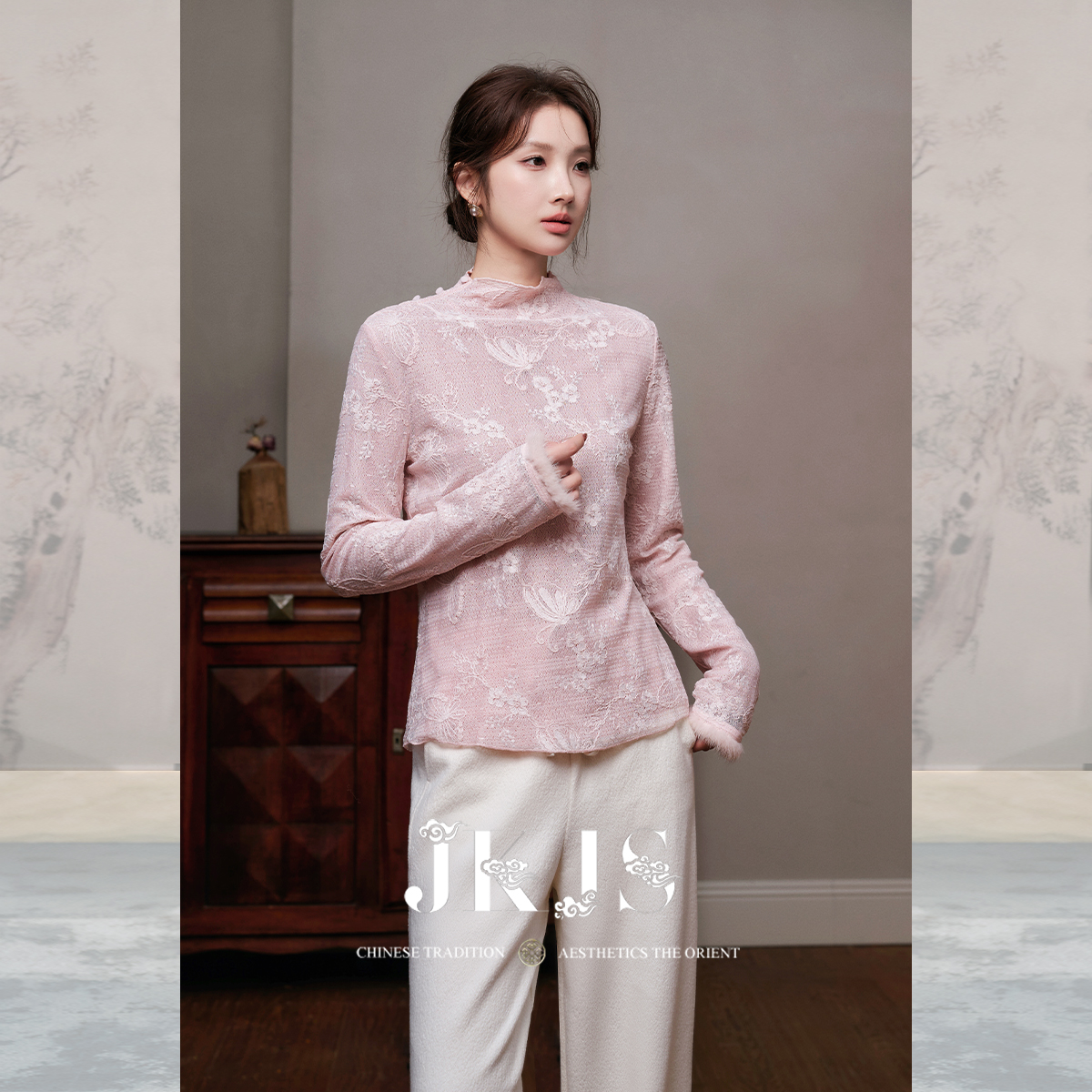 JKJS新中式长袖T恤新款蕾丝