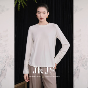 女长袖 JKJS 春秋t恤2025新款 人丝木代尔 设计感刺绣上衣 观竹