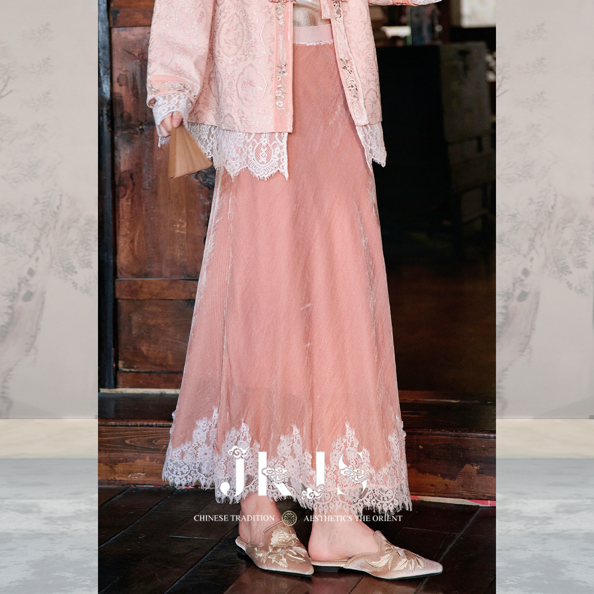 JKJS人丝丝绒蕾丝花边半身裙