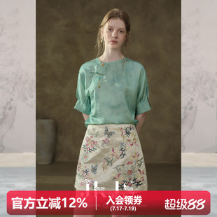 JKJS【青岚染】24姆米真丝金皮短袖衬衫外套女2026盘扣新中式上衣