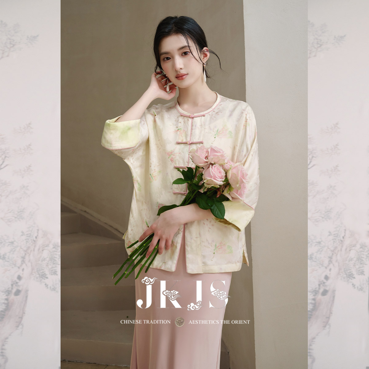 JKJS【杏锦枝】人丝提花外套女高级感新中式女装薄款盘扣上衣