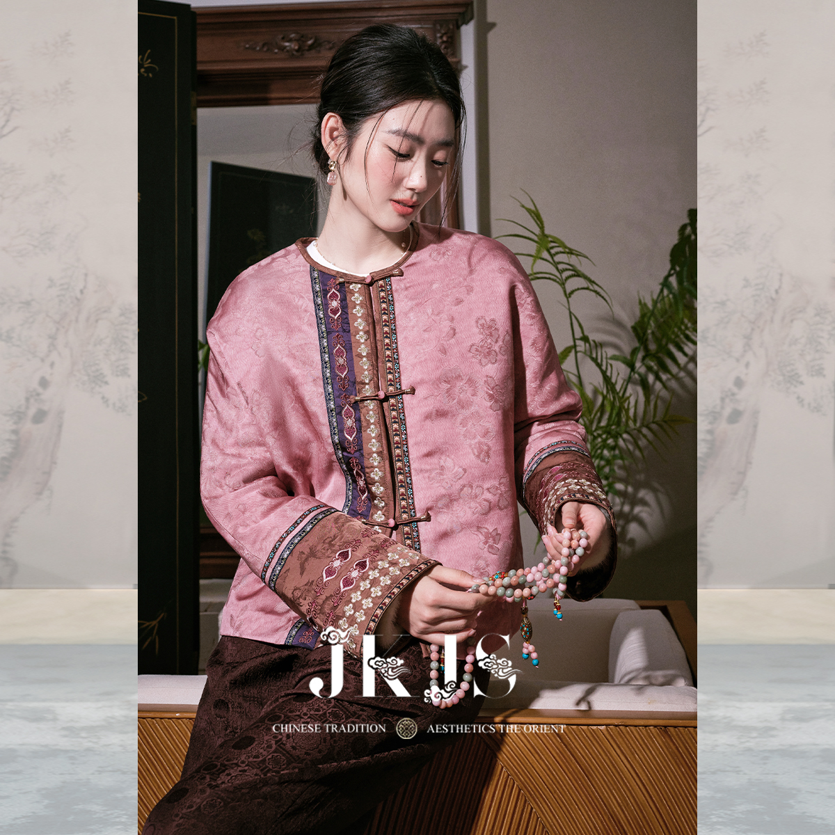 JKJS人丝金丝提花对襟棉衣复古