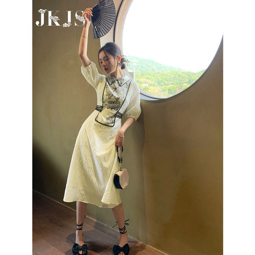 jkjs夏季新款短袖A字旗袍连衣裙