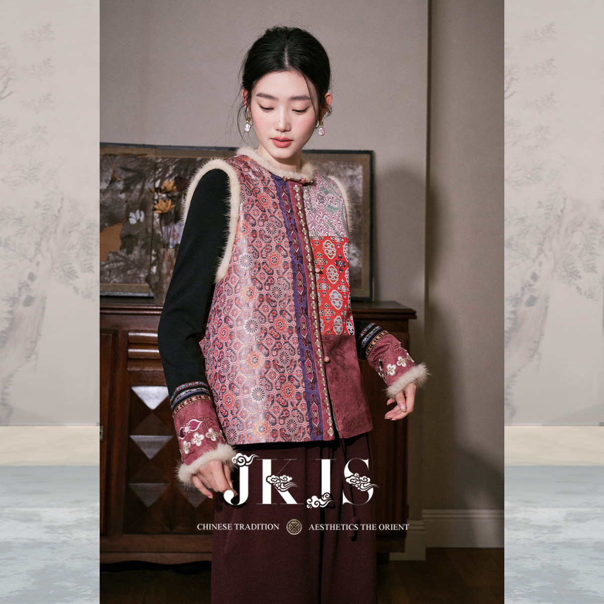 JKJS人丝提花新中式夹棉马甲