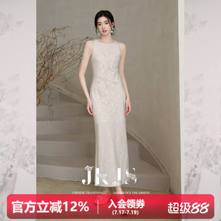 JKJS【流云玉】人丝亚麻 新中式连衣裙露肩绣花白色长裙里布天丝