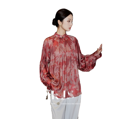 JKJS新中式国风红色印花衬衫女2026年新款春秋轻奢复古上衣