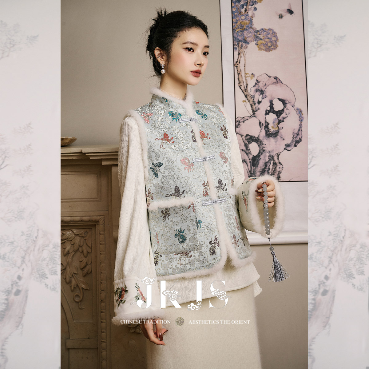 水貂毛拼接短款马甲JKJS国风夹棉