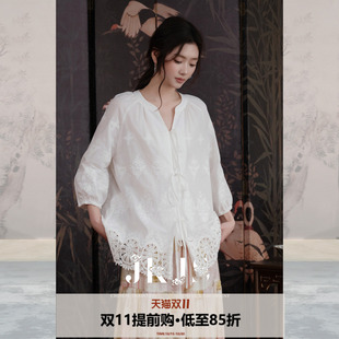 JKJS【云纹】新中式全棉绣花灯笼袖衬衫女款2026新款蕾丝拼接小衫