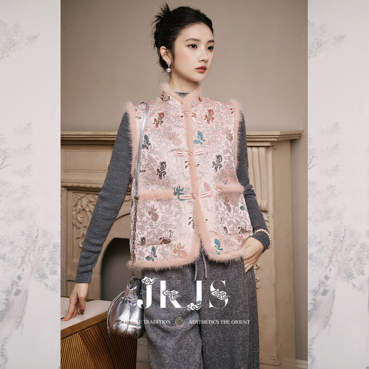 JKJS【金鱼闹蝶】水貂毛 新中式织锦提花马甲外穿冬季棉马夹