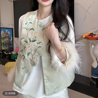 刺绣宋锦提花斜襟设计中国风马甲