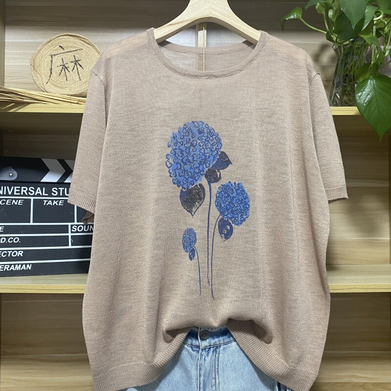 夏季新款亚麻短袖圆领印花t恤上衣宽松文艺套头薄款大码针织衫女